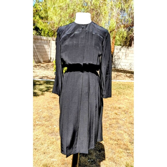VTG Black Silk Charles Bianco Italian Collection Blouson Pleated Midi Dress EUC - Picture 1 of 6